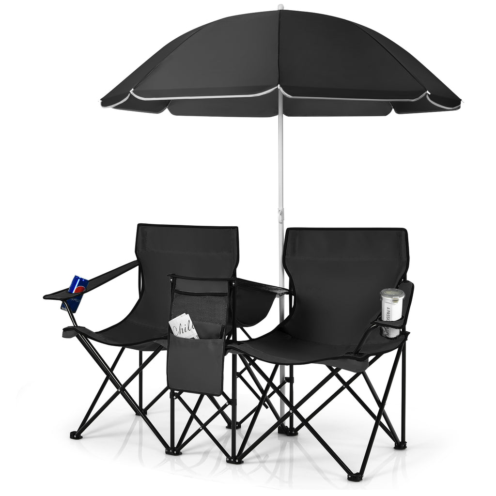 Portable Double Camping Chair with Umbrella & Ice Bag Black