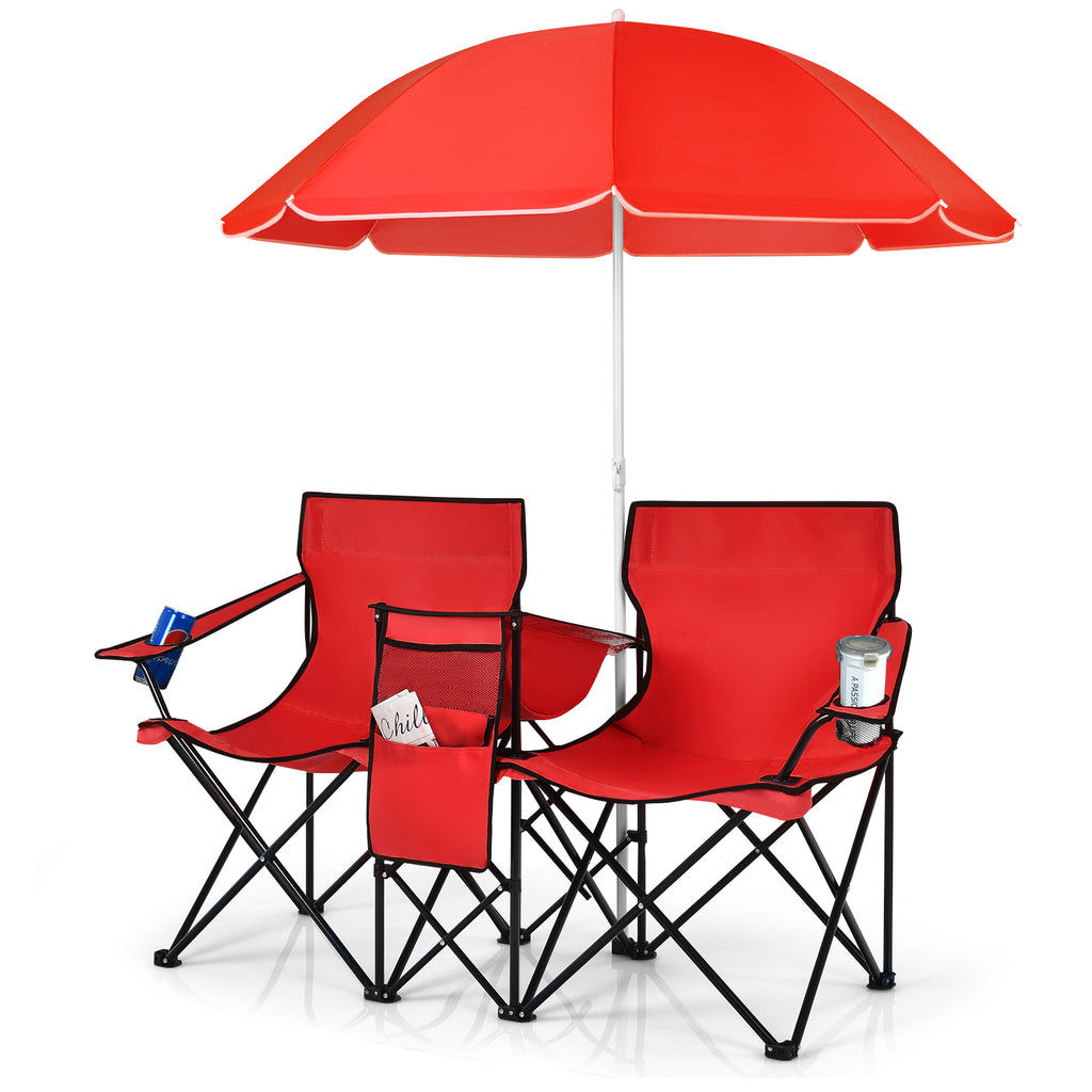Portable Double Camping Chair with Umbrella & Ice Bag Red