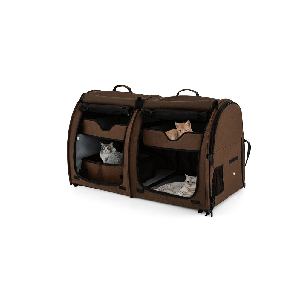2 Compartments Pet Travel Carriers with Removable Hammocks and Mats-Brown