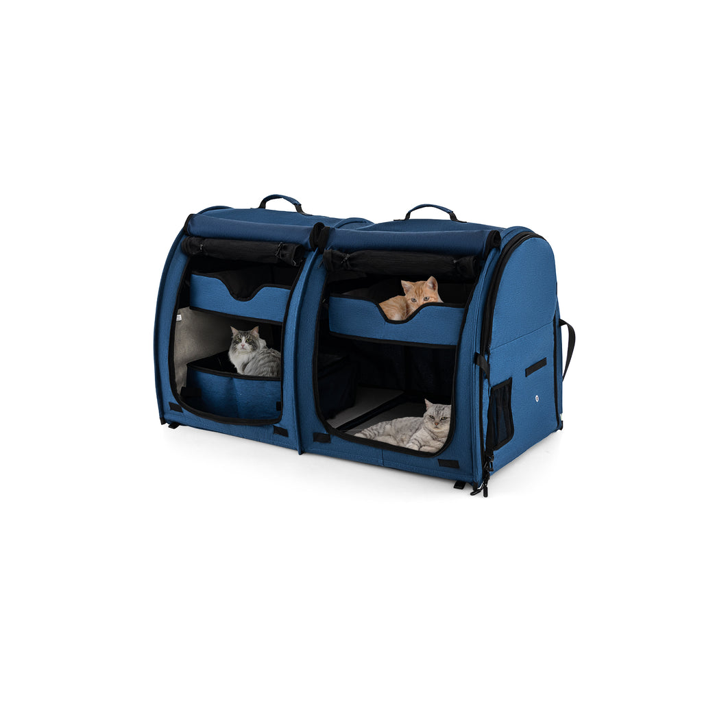 2 Compartments Pet Travel Carriers with Removable Hammocks and Mats-Navy
