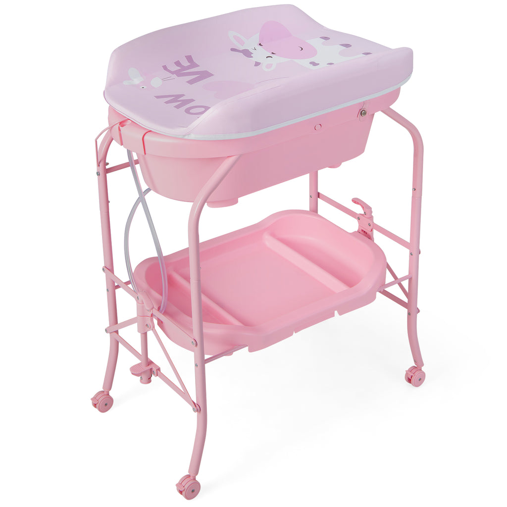 2-in-1 Baby Change Table with Bathtub and Folding Changing Station-Pink