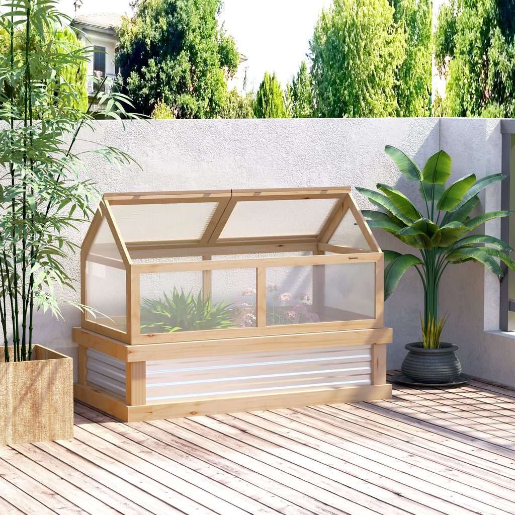 Outsunny Raised Garden Bed with Greenhouse Top, Garden Wooden Cold Frame Greenhouse Flower Planter Protection, 122x 61 x 81.7cm, Natural - Inspirely