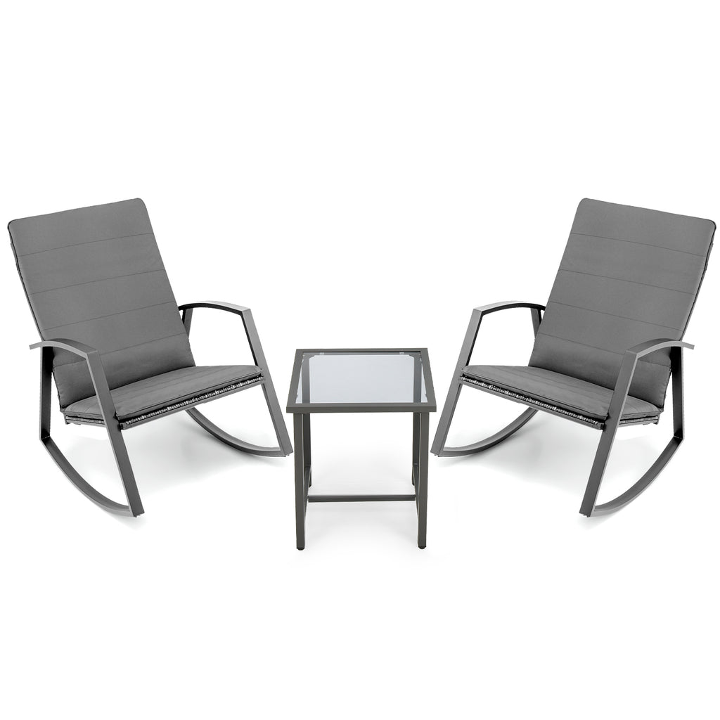 PE Rattan Rocking Chairs with Tempered Glass Side Table-Grey