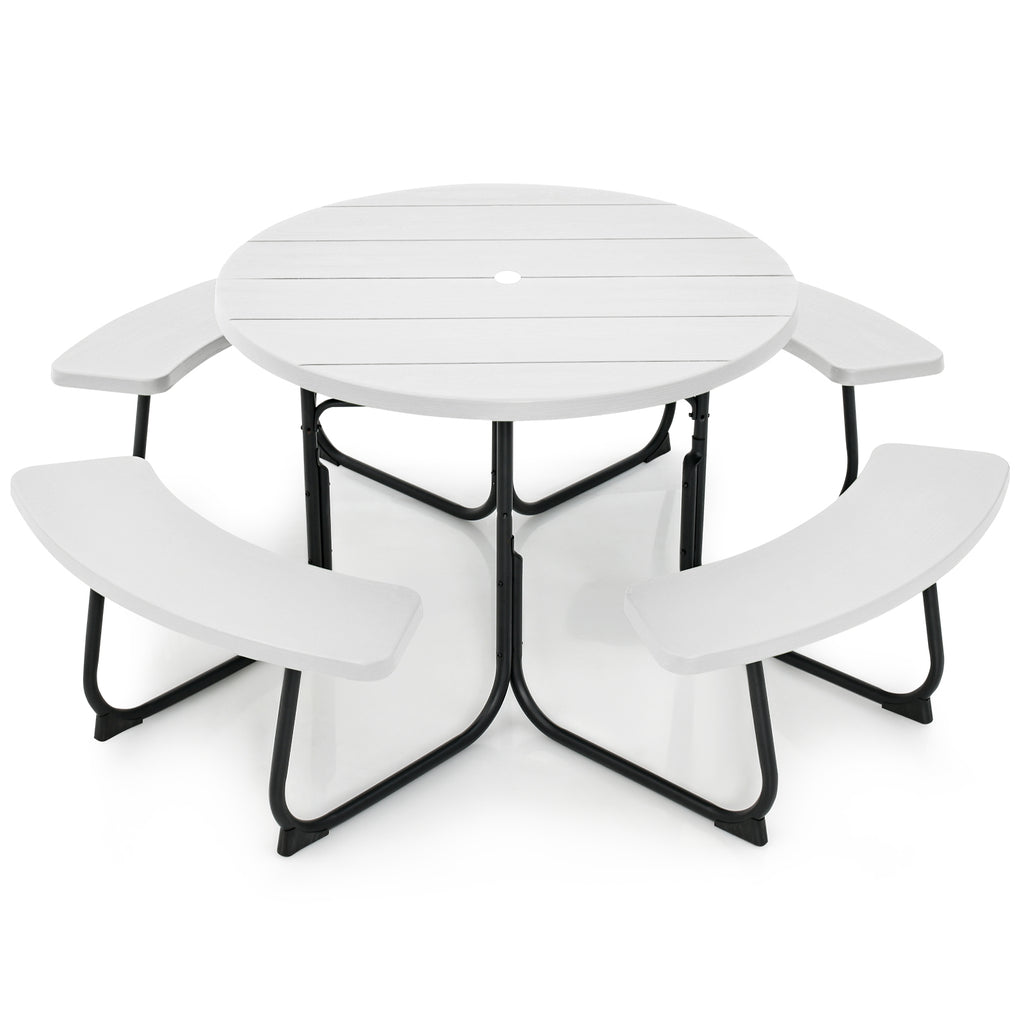 8-person Round Picnic Table Bench Set with 4 Benches and Umbrella Hole-White
