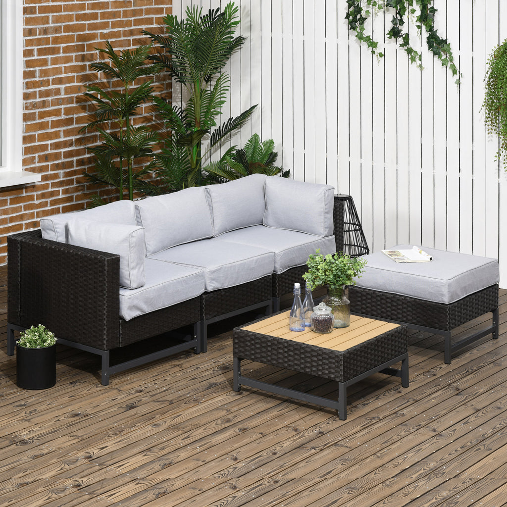 Outsunny 5 Pieces Outdoor PE Rattan Corner Sofa, Patio Wicker Woven Rattan Garden Furniture w/ Thick Padded Cushions, Wood Grain Plastic Top Table