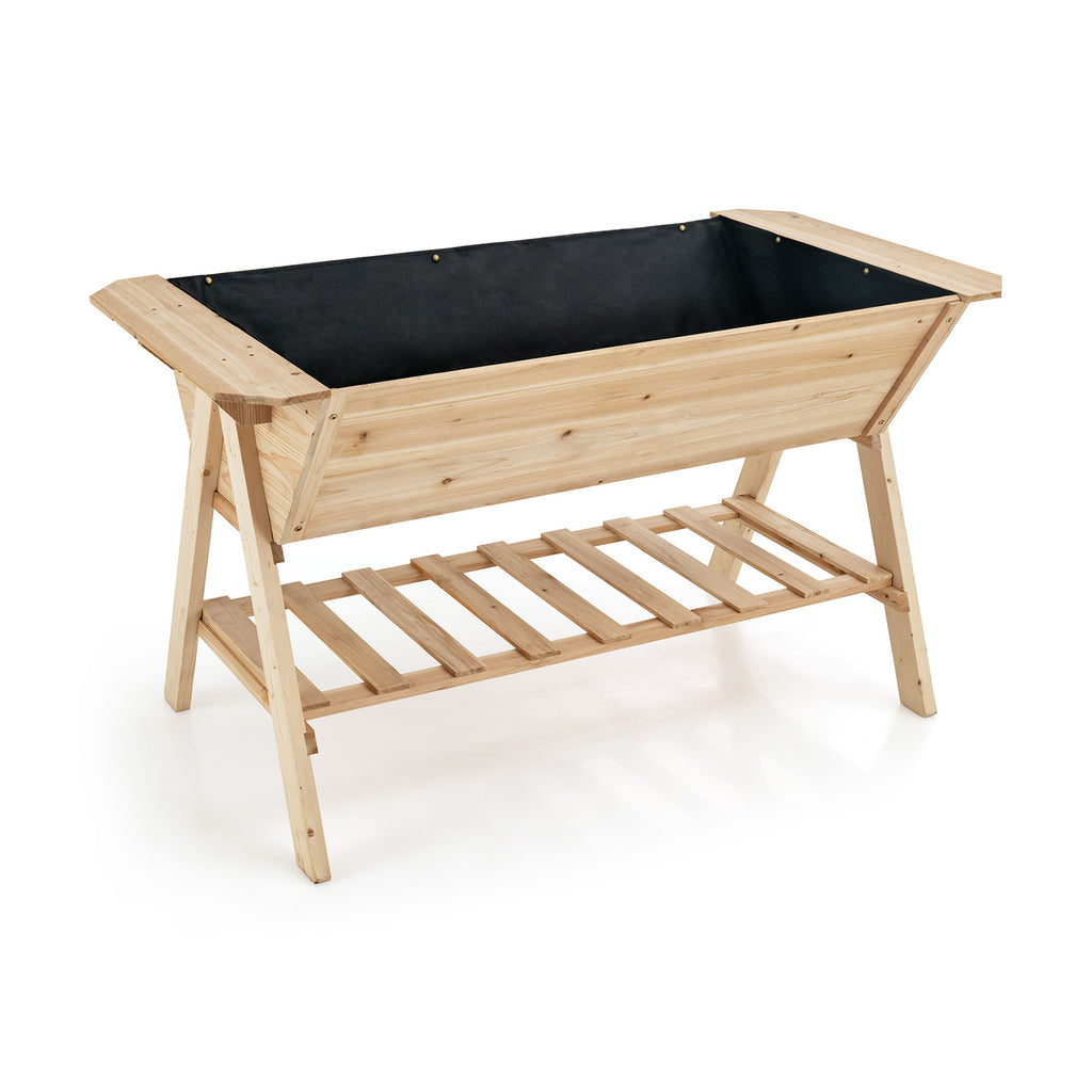 2-Tier Fir Wood Raised Garden Bed with Storage Shelf and Liner
