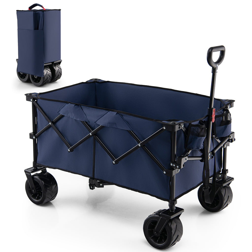 Folding Utility Collapsible Wagon Cart with Adjustable Handle and Universal Front Wheels-Blue