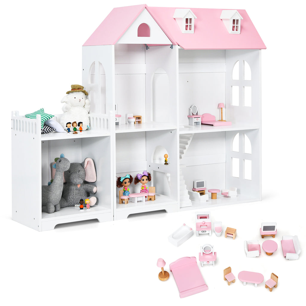 Large Wooden Dolls House with Furniture and Accessories Pink