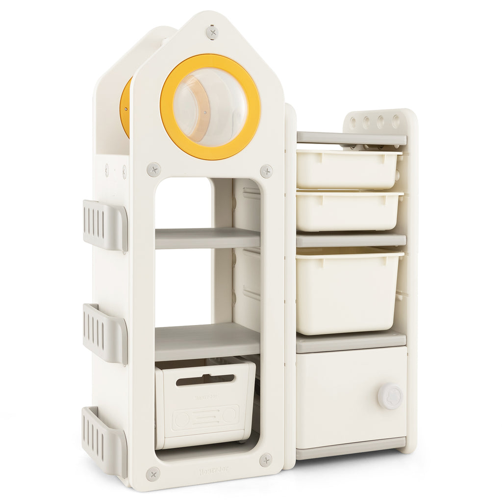 Kids Toy Storage Organizer with Mobile Trolley and Unique Roof-Beige