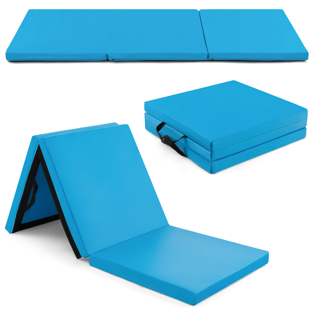 Tri-Fold Folding Exercise Mat with PU Leather Cover-Blue