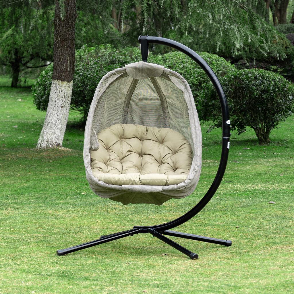 Outsunny Hanging Egg Chair, Folding Swing Hammock with Cushion and Stand for Indoor Outdoor, Patio Garden Furniture, Khaki - Inspirely