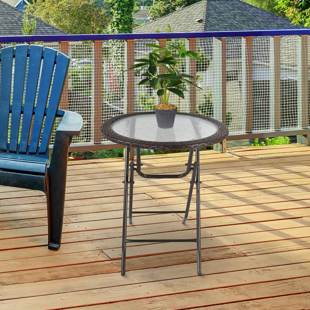 Outsunny Folding Round Tempered Glass Metal Table with Brown Rattan Edging - Inspirely