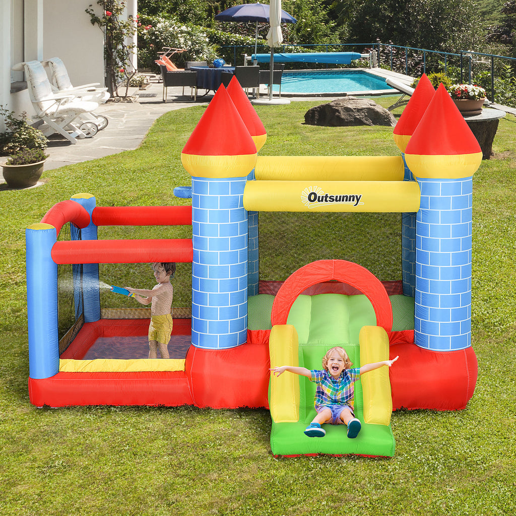 Outsunny Kids Bounce Castle House Inflatable Trampoline Slide Water Pool Basket 4 in 1 with Inflator for Kids Age 3-10 Castle Design 3 x 2.75 x 2.1m - Inspirely