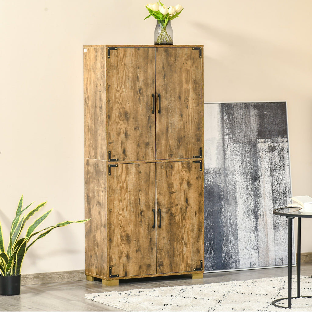 HOMCOM Farmhouse Style Tall Cupboard 4-Door Cabinet with Storage Shelves for Bedroom & Living Room, Rustic Wood Effect - Inspirely