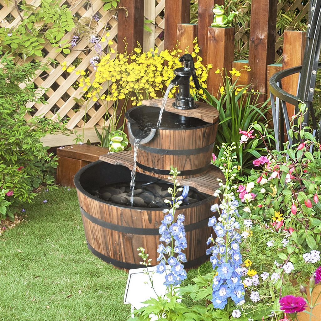 Outsunny Wooden Water Pump Fountain Cascading Feature Barrel Garden Deck (2 Tier) - Inspirely