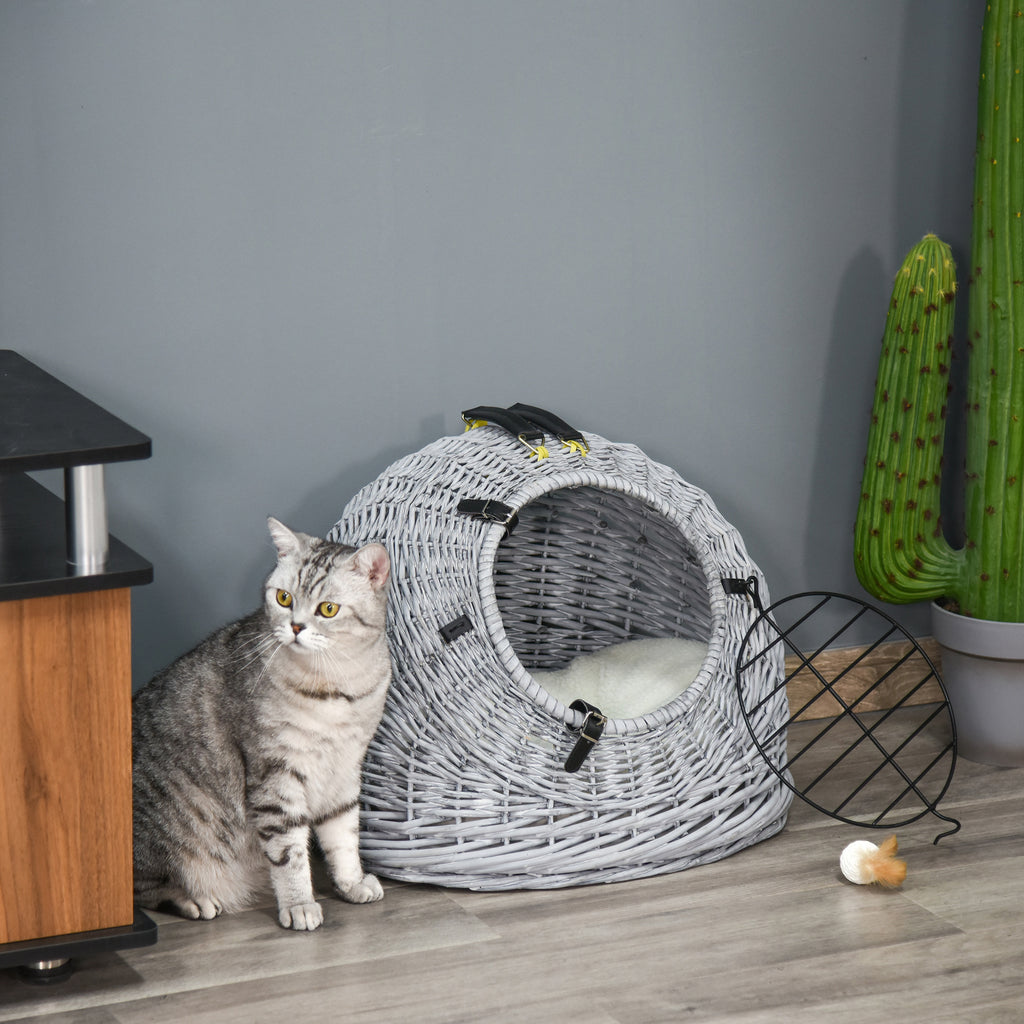 Wicker Pet Carrier Basket Cat Kitten Bed Portable Travel Cage w/ Soft Cushion Handle Grey 50 x 40 x 40 cm