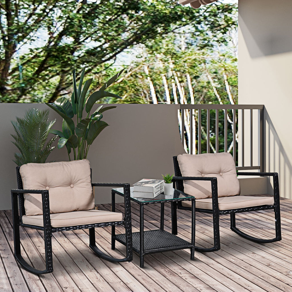 Outsunny 2 Seater Rattan Rocking Set Patio Bistro Table Chairs Conversation w/ Cushion - Inspirely