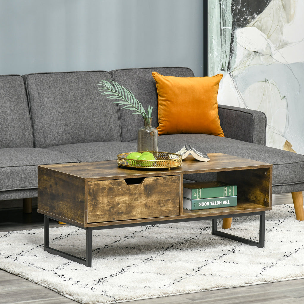 HOMCOM Industrial Coffee table Wooden End Table with Shortage Shelf and Drawer Modern Sofa Table Metal Frame, Rustic Brown 106W x 48D x 43H cm - Inspirely