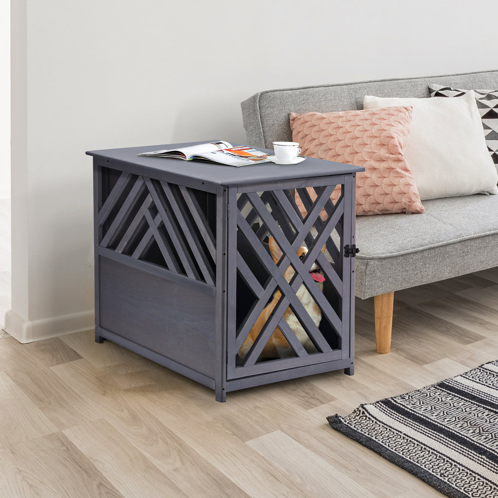 PawHut Furniture Style Wooden Dog Crate Kennel Top End Table Decorative Dog Cage Lattice Night Stand with Lockable Door, 60 x 91 x 74 cm, Grey - Inspirely