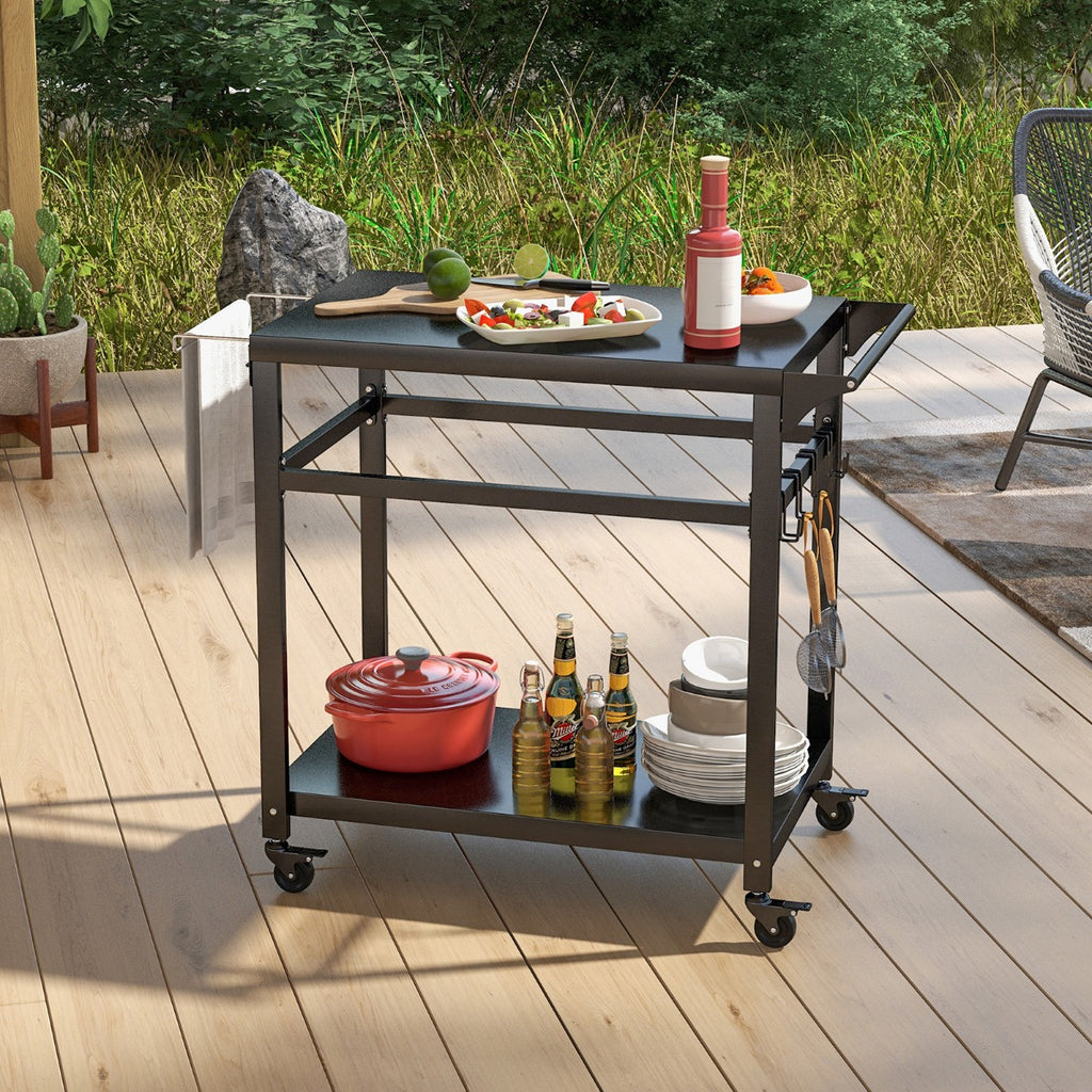 Double-Shelf Movable BBQ Cart with 4 Lockable Wheels and Side Handle-Black