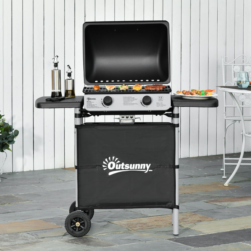 Outsunny 2 Burner Gas Barbecue Grill Propane Gas Cooking BBQ Grill 5.6 kW with Side Shelves Wheels - Inspirely