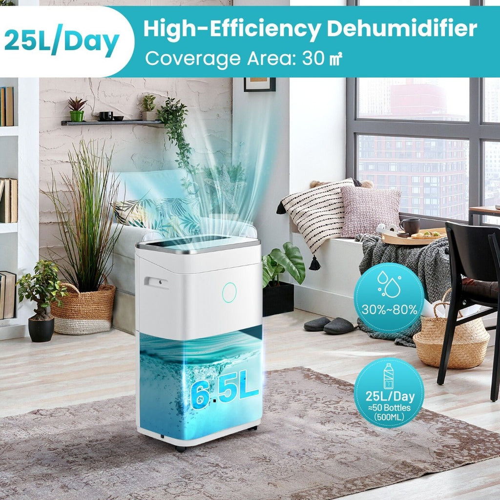 25L/Day Dehumidifier with 6.5L Water Tank and 24H Timer for Home Basement-White