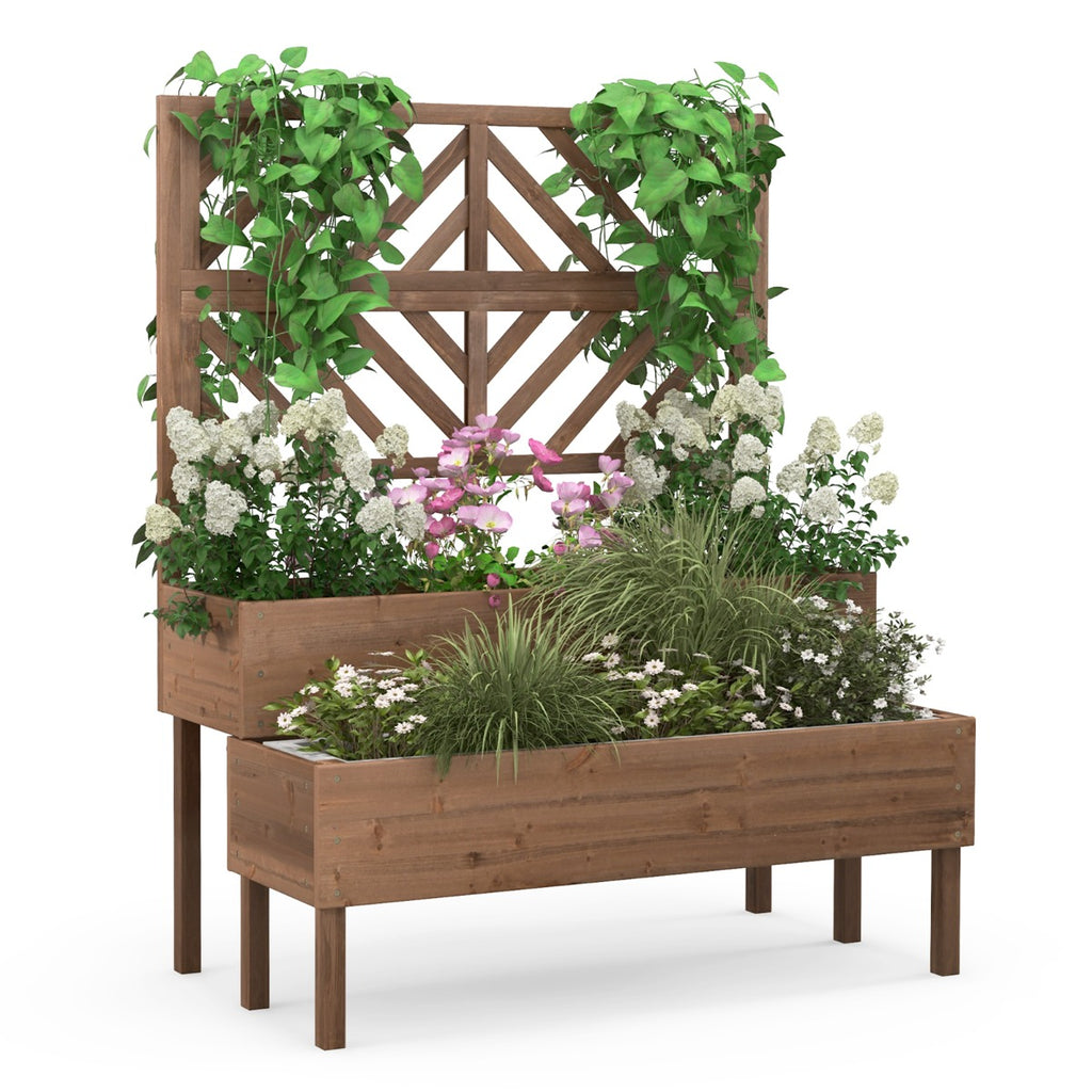 2-Tier Raised Garden Bed with Trellis and Drainage Hole-Brown