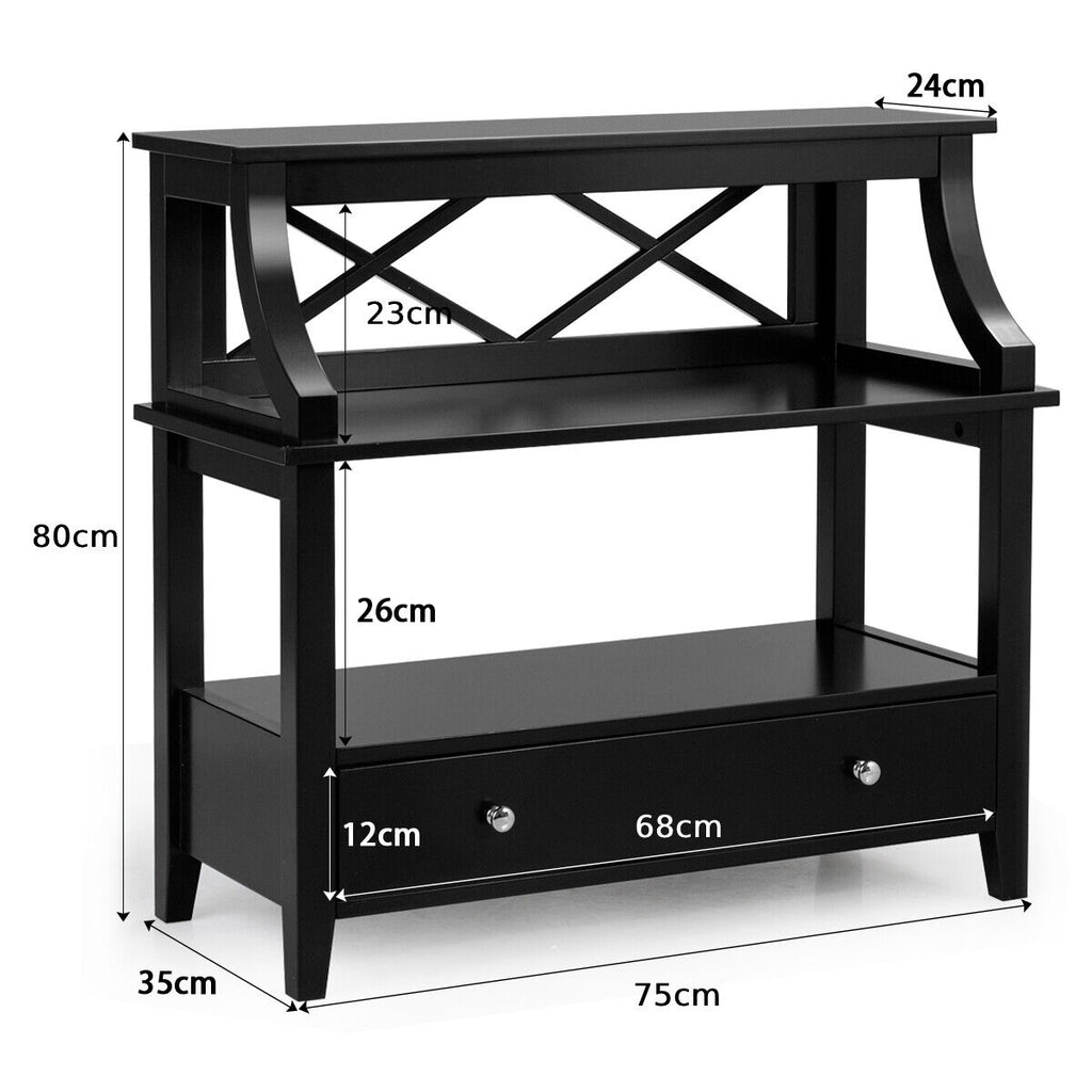 3 Tier Console Table with a Large Drawer for Living Room Black