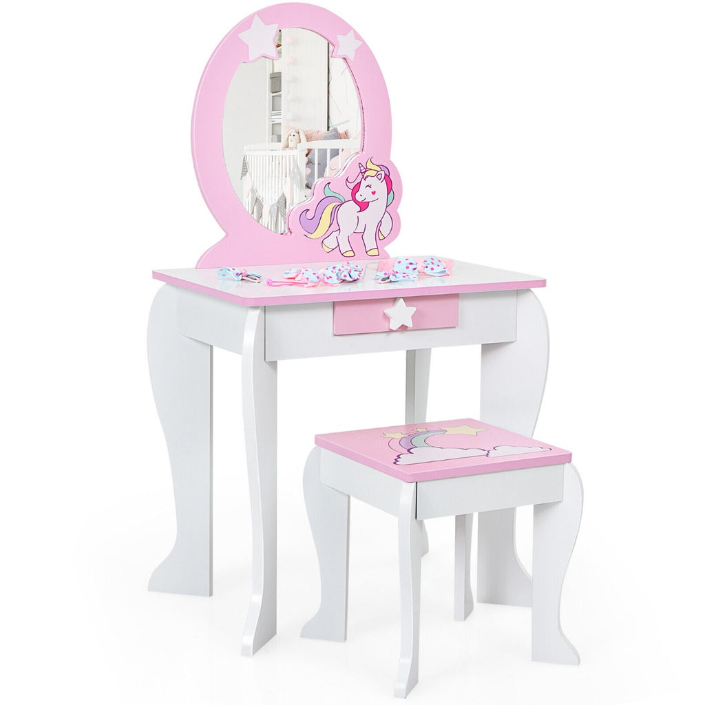 Kids Vanity Table and Chair Set with Mirror and Detachable Top-White