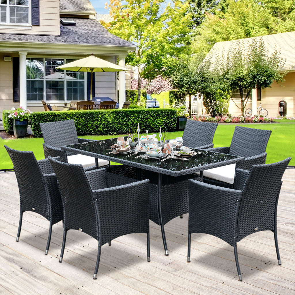 Outsunny 6-Seater Rattan Dining Set Garden Furniture Patio Rectangular Table Cube Chairs Outdoor Fire Retardant Sponge Black - Inspirely