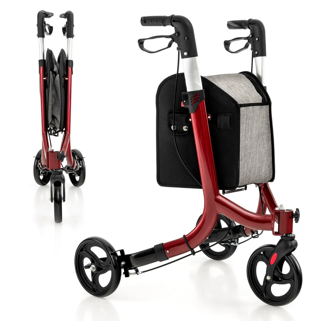 Folding Aluminum Rolling Walker with Zippered Storage Bag and Safe Dual Brake System-Red