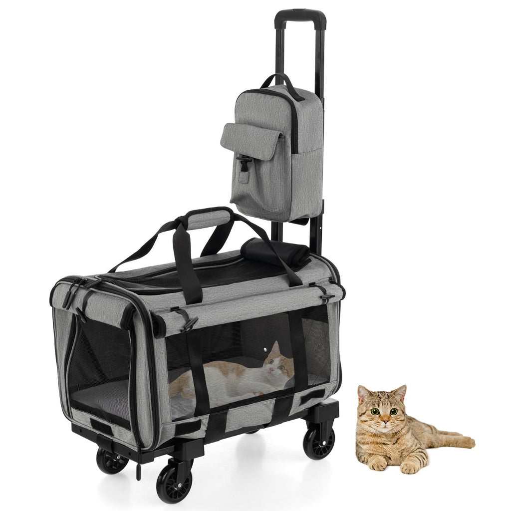 Large Rolling Cat Dog Carrier Small and Medium Sized Pets-Grey