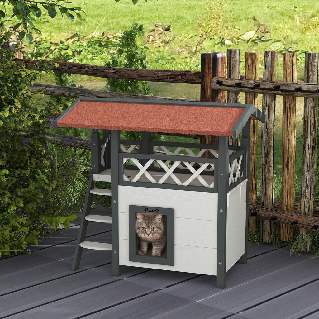 PawHut Cat House Outdoor w/ Balcony Stairs Roof, 77 x 50 x 73 cm, White