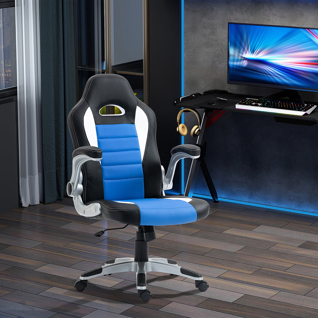 HOMCOM Racing Gaming Chair, PU Leather Computer Desk Chair, Height Adjustable Swivel Chair With Tilt Function and Flip Up Armrests, Blue