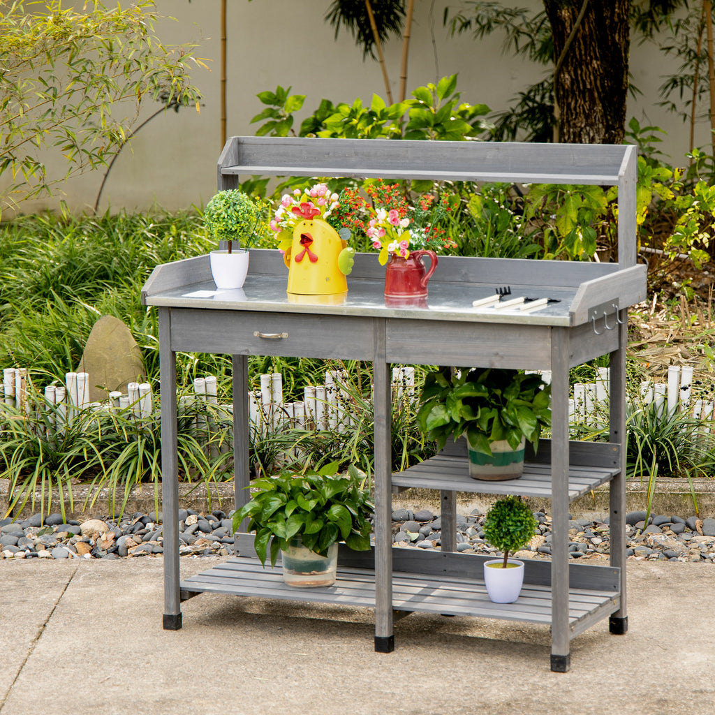 Outsunny Garden Potting Table, Wooden Workstation Bench w/ Galvanized Metal Tabletop, Drawer, Storage Shelves and Hooks for Courtyards, Balcony - Inspirely