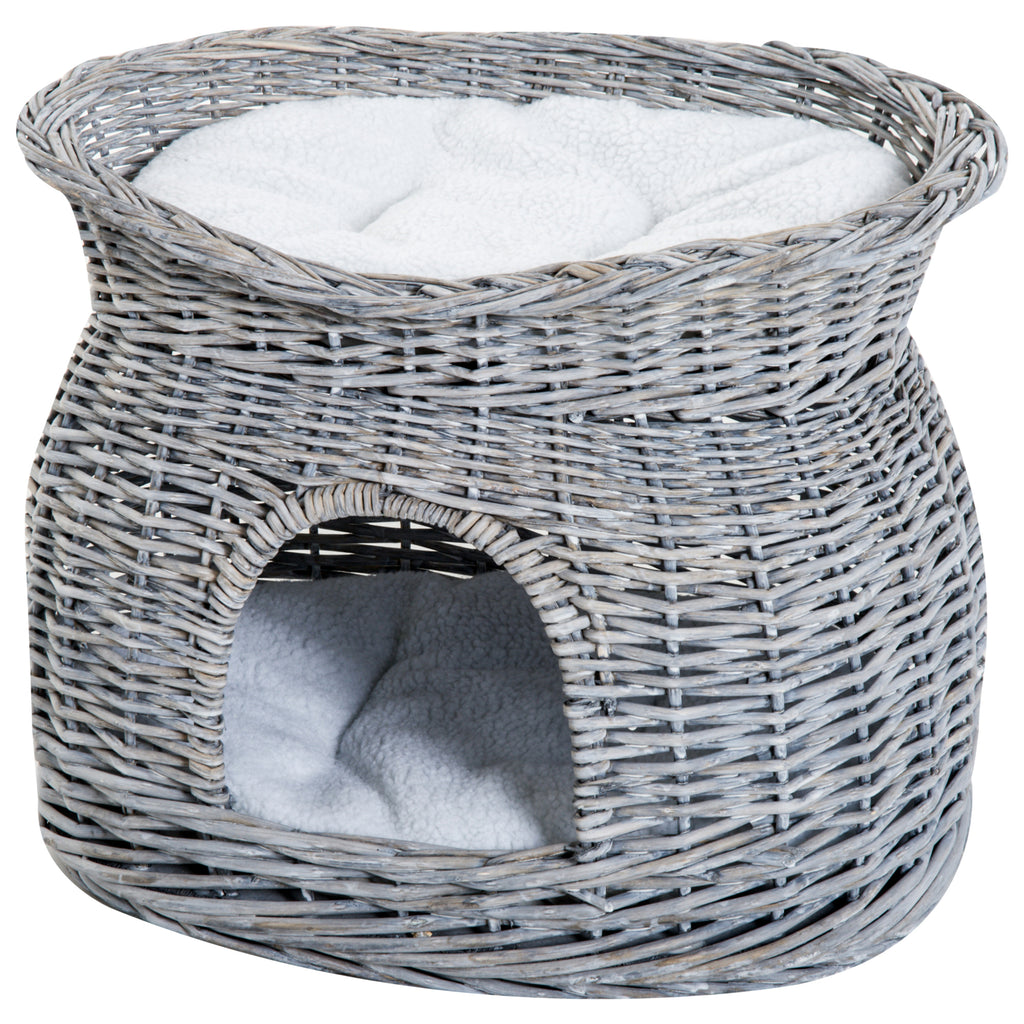 PawHut 2-Tier Wicker Cat House Elevated Pet Bed Basket Willow Kitten Tower Pet Den. with Washable Cushions 56x37x40cm Grey
