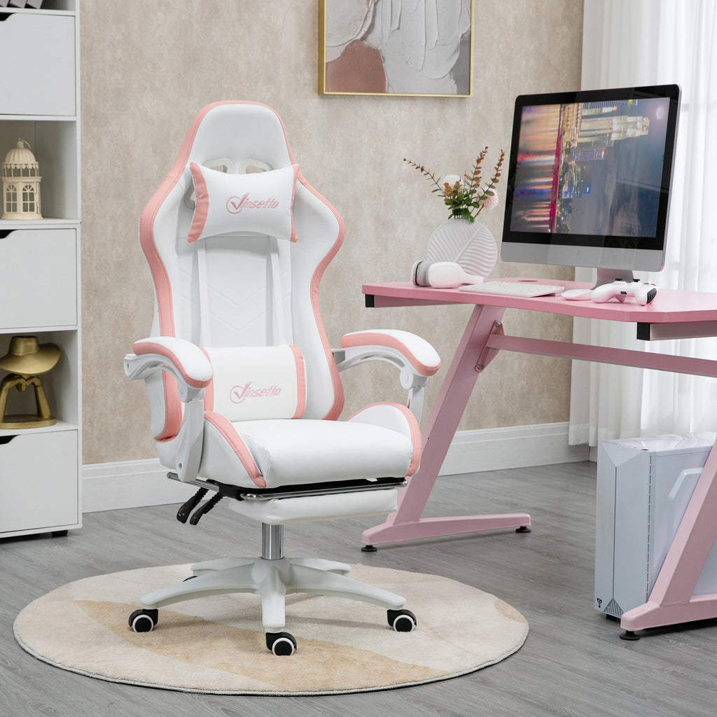 Vinsetto Racing Gaming Chair, Reclining PU Leather Computer Chair with 360 Degree Swivel Seat, Footrest, Removable Headrest White and Pink