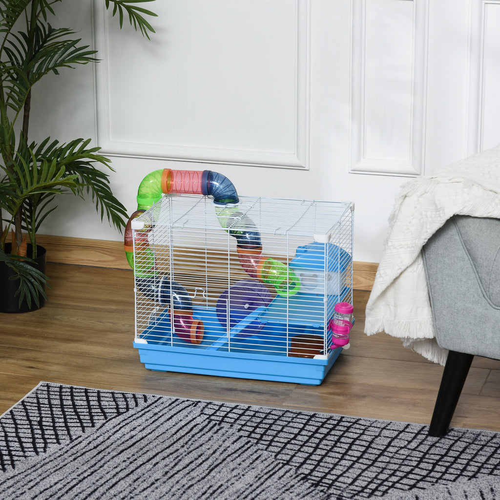 Pawhut 2 Tier Hamster Cage Carrier Habitat Small Animal House with Exercise Wheels Tunnel Tube Water Bottle Dishes House Ladder for Dwarf Mice, Blue - Inspirely