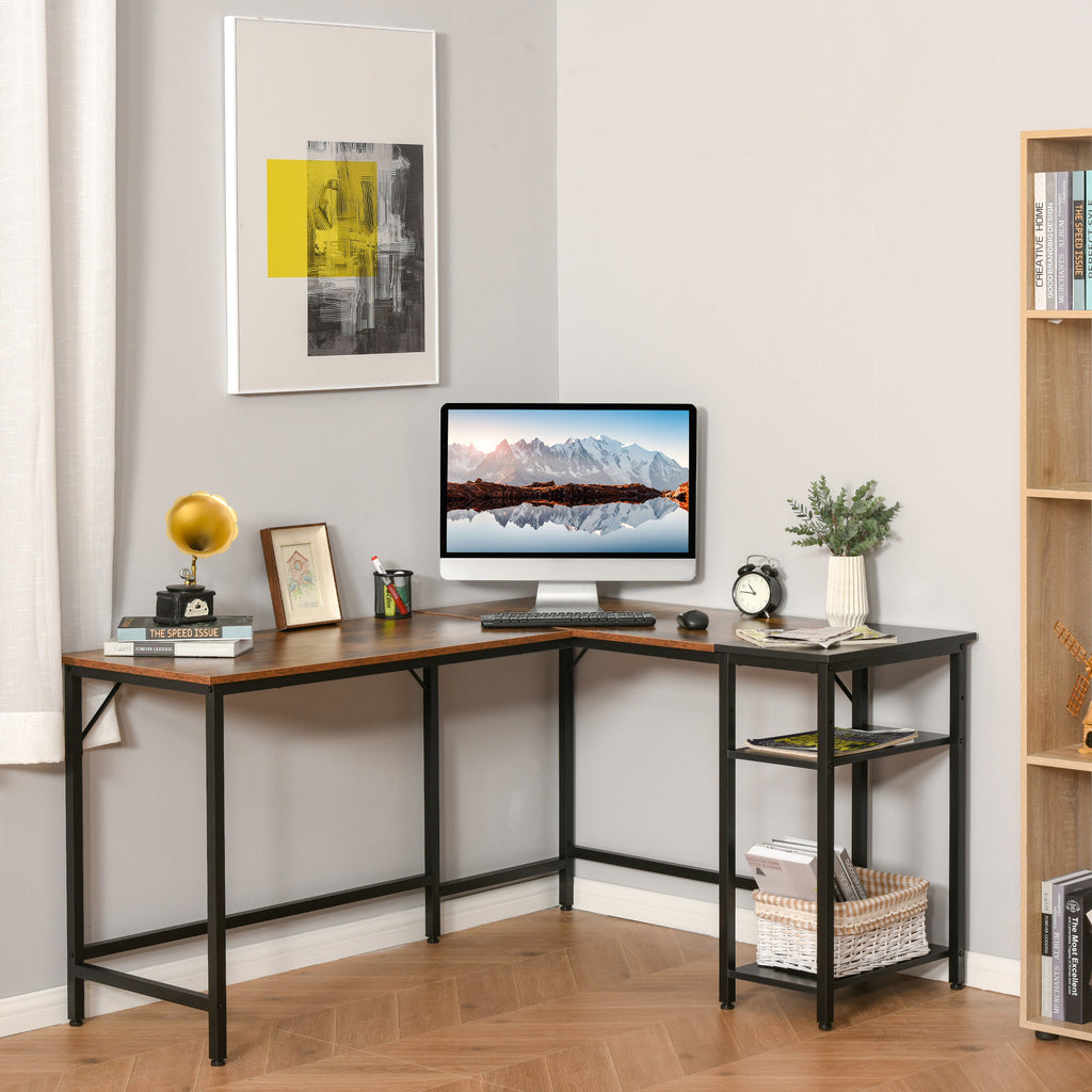 HOMCOM L-Shaped Computer Desk Industrial Cornor Writing Desk with Adjustable Storage Shelf Space-Saving Home Office Workstation Rustic Brown - Inspirely