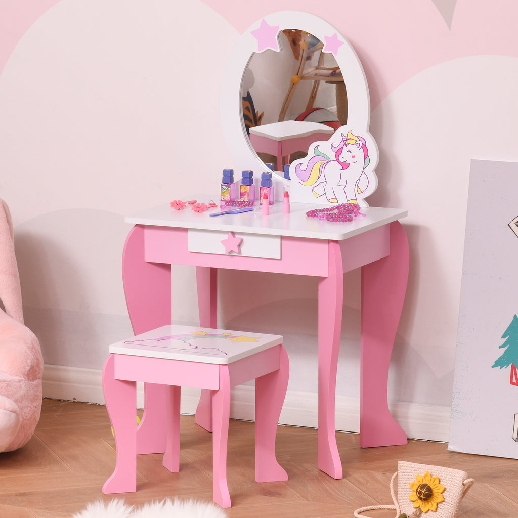 HOMCOM Girls Dressing Table with Mirror and Stool, Kids Dressing Table, Unicorn Pretend Play Toy for Toddles Girls Age 3-6 Years, Acrylic Mirror, Pink and White