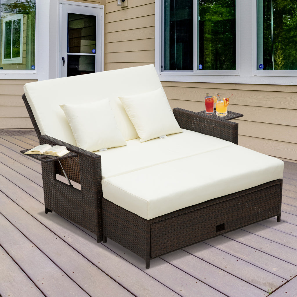 Outsunny 2 Seater Assembled Garden Patio Outdoor Rattan Furniture Sofa Sun Lounger Daybed with Fire Retardant Sponge - Brown