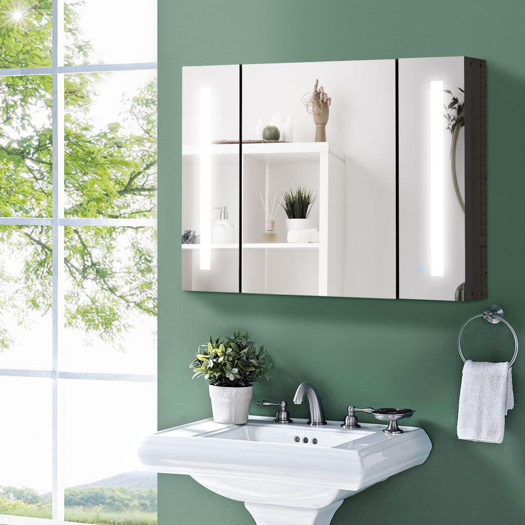 kleankin LED Bathroom Cabinet with Mirror, Wall Mounted Dimmable Storage Organiser with 3 Mirrored Doors and Adjustable Shelves