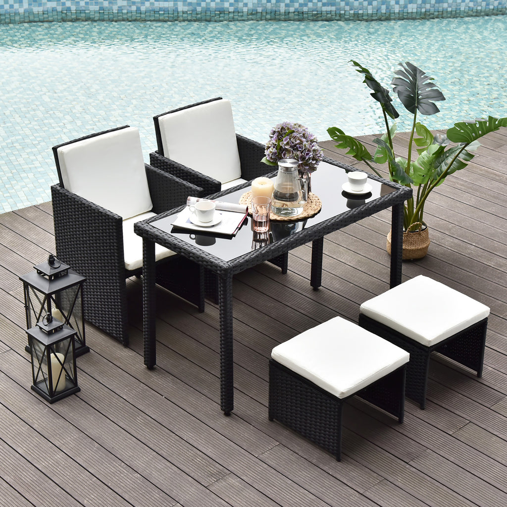 Outsunny 4-Seater Rattan Garden Furniture Space-saving Wicker Weave Sofa Set Conservatory Dining Table Table Chair Footrest Cushioned Black - Inspirely