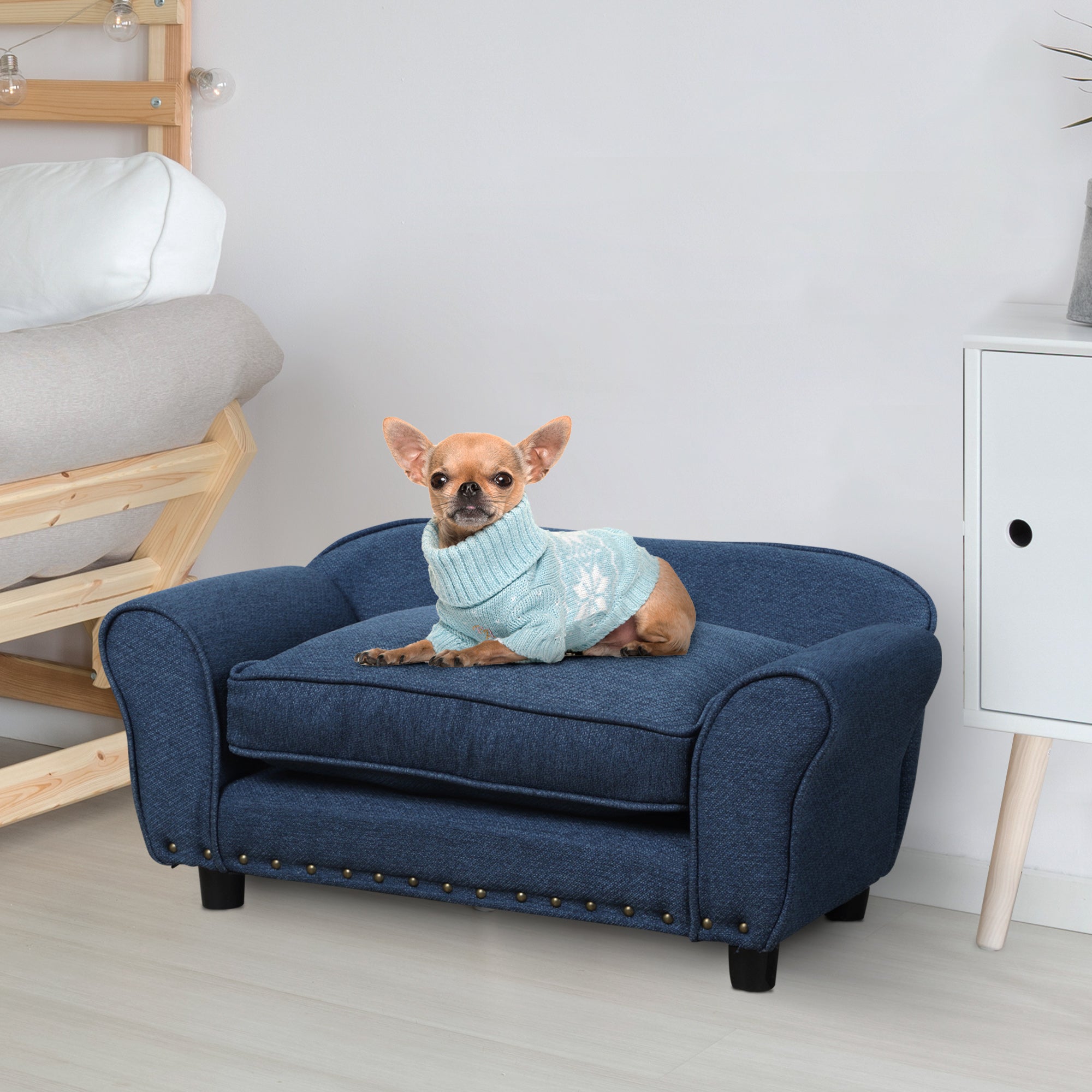 PawHut Dog Sofa for XS and S Size Dogs, Pet Chair Couch with Thick Sponge Padded Cushion, Kitten Lounge Bed with Washable Cover, Wooden Frame - Blue