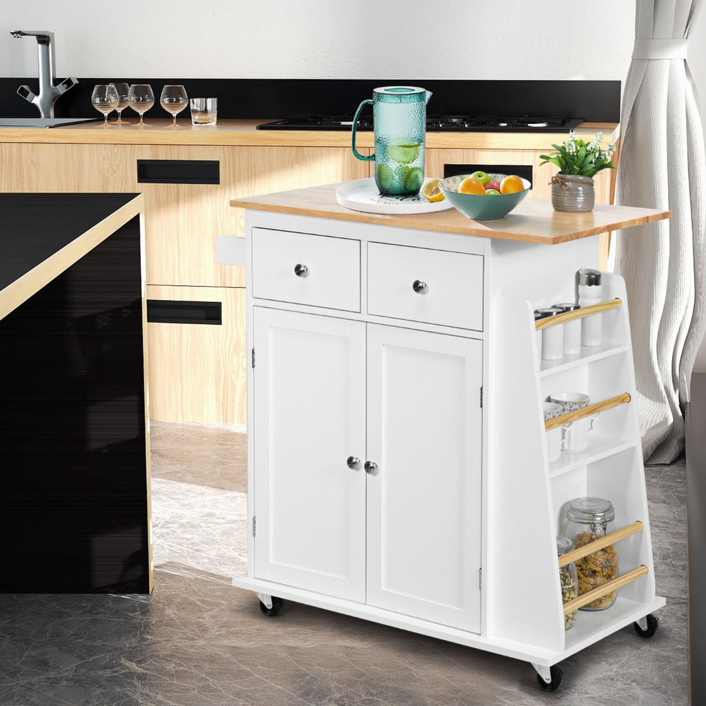 Kitchen Island with Rubber Wood Countertop and Storage on Wheels-White