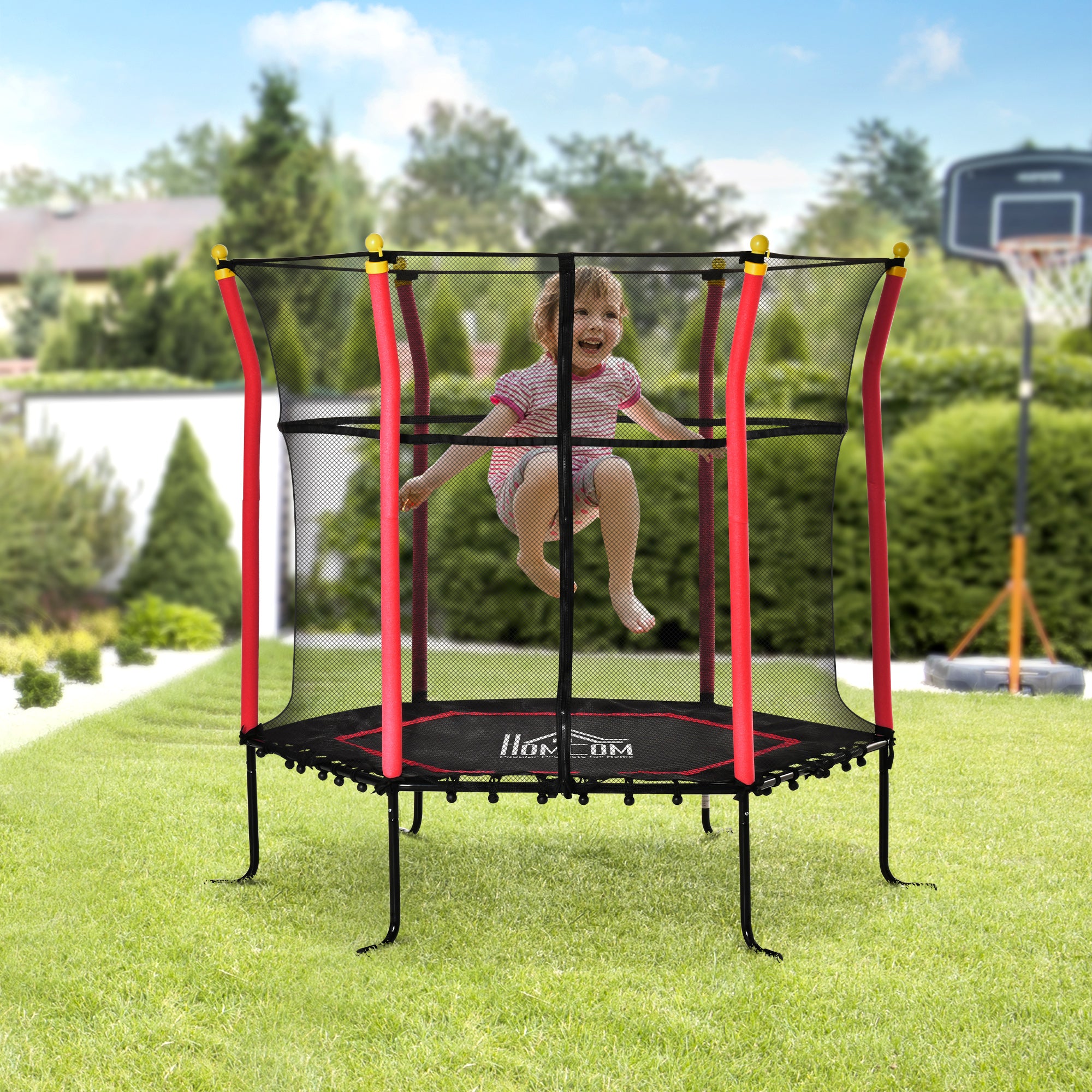 HOMCOM 5.2FT / 63 Inch Kids Trampoline With Enclosure Net Mini Indoor Outdoor Trampolines for Child Toddler Age 3 - 10 Years Red - Inspirely