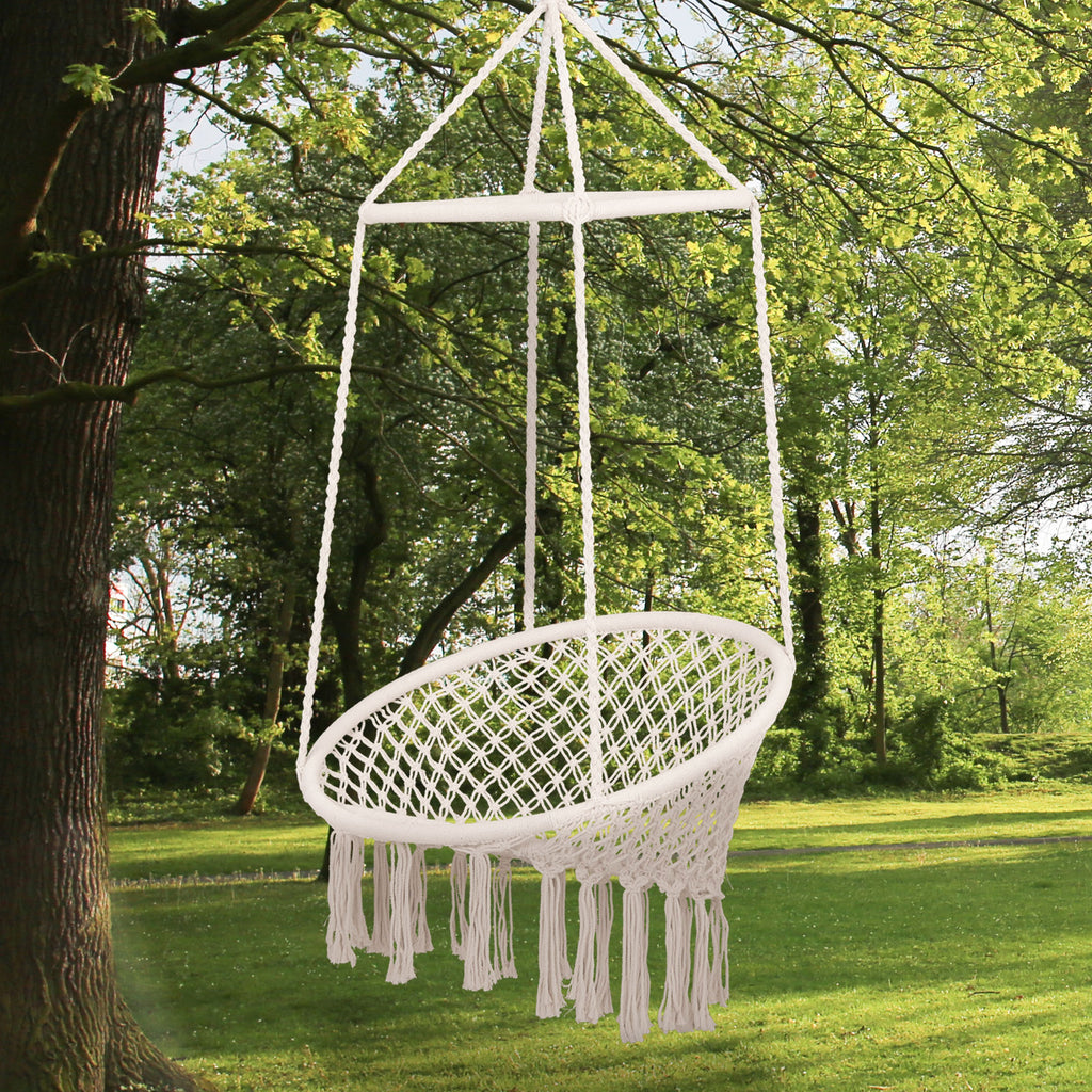 Outsunny Hammock Macrame Swing Chair Hanging Seat Rope Tassels Indoor Outdoor Garden Solid Knitted Woven Net Seat Deck Porch Yard Beige - Inspirely