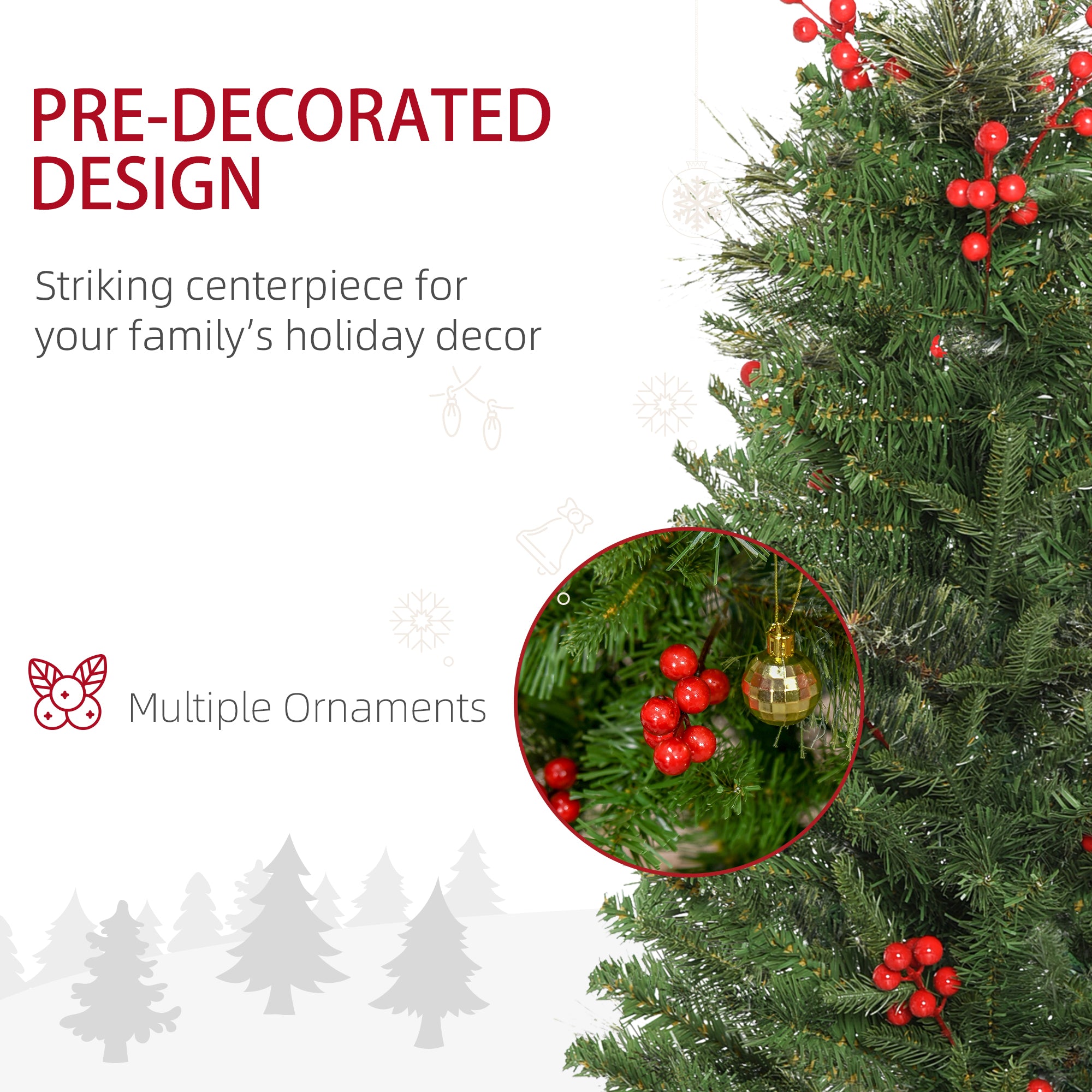 HOMCOM Pencil Artificial Christmas Tree with Realistic Branches, Red Berries, Auto Open, Green