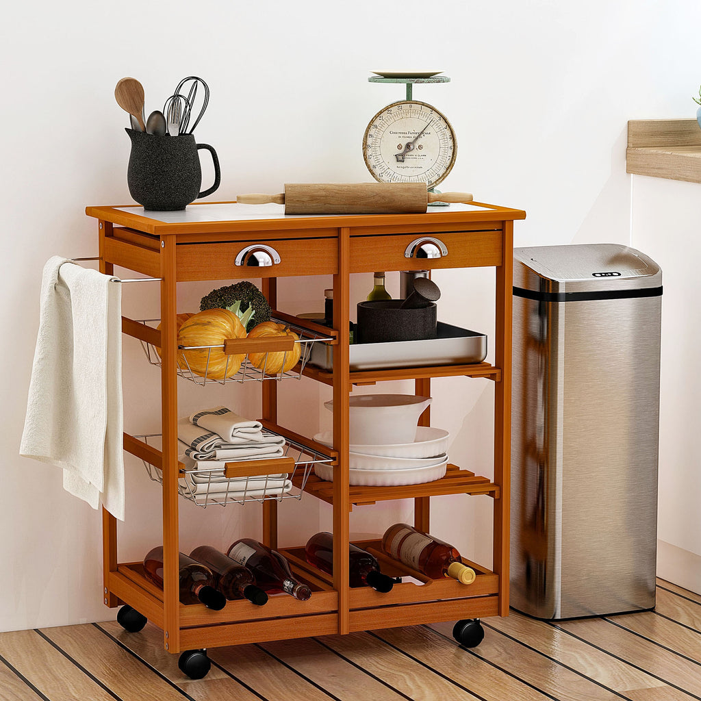 Homcom Wooden Kitchen Trolley Cart Drawers, 3 Shelves - Inspirely