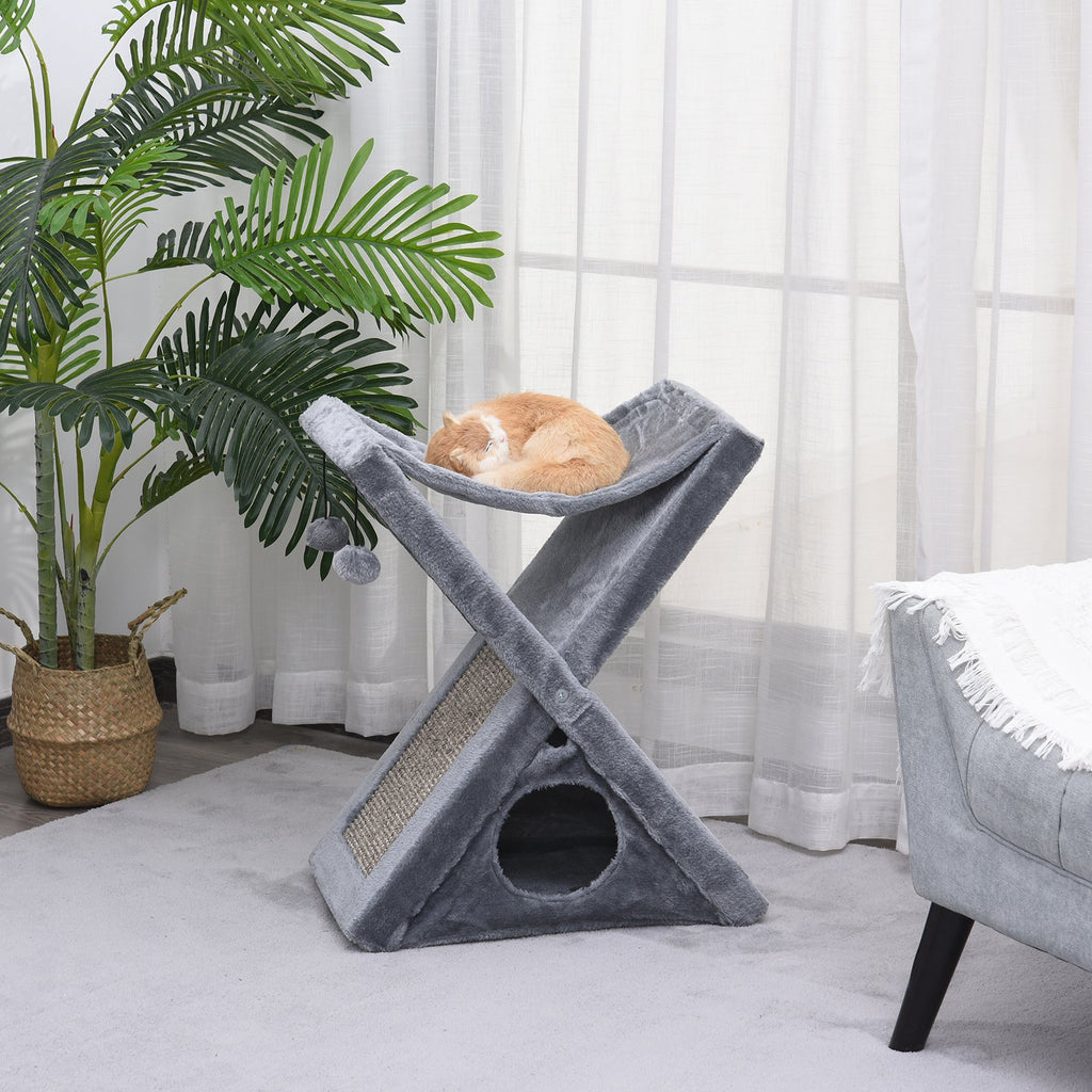 PawHut Two Tier Cat Tree Tower Scratching Post, 50L x 32W x 65Hcm-Grey - Inspirely